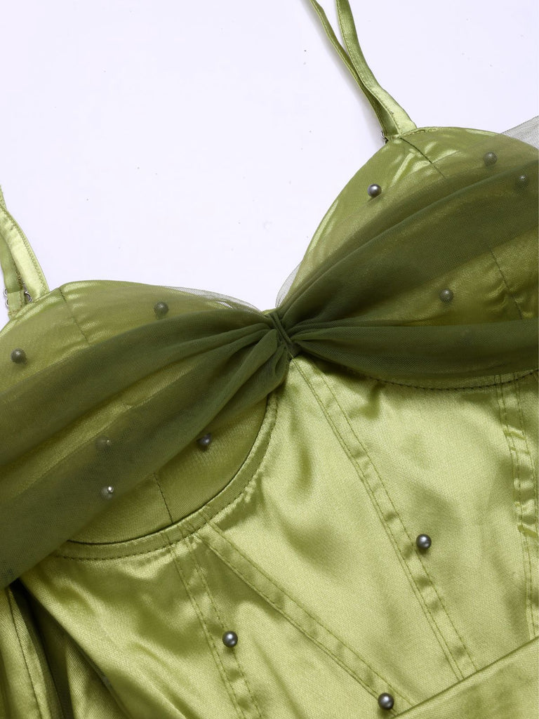 Chartreuse 1950er Perle Netz Patchwork Satin Kleid