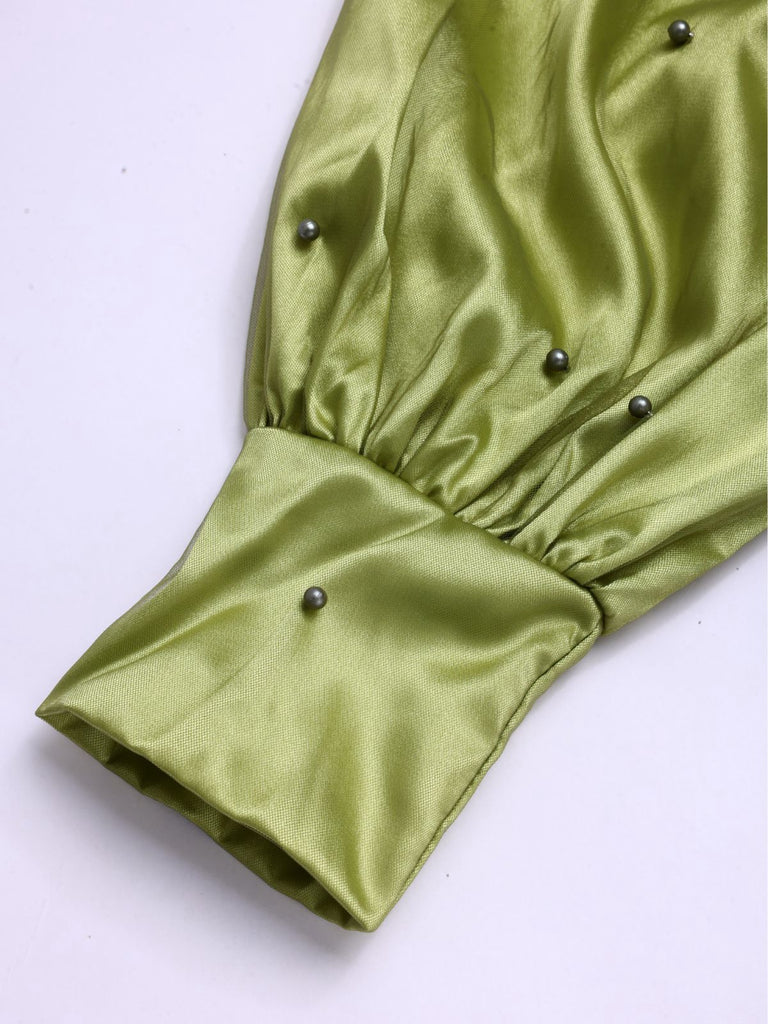 Chartreuse 1950er Perle Netz Patchwork Satin Kleid
