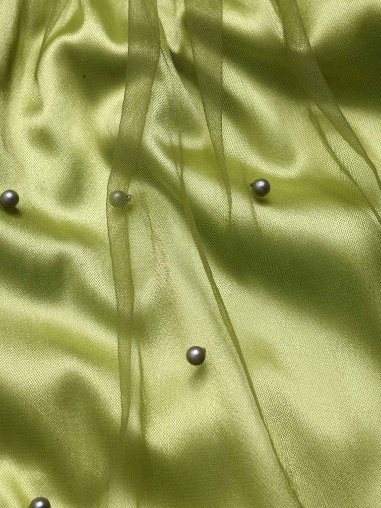 Chartreuse 1950er Perle Netz Patchwork Satin Kleid