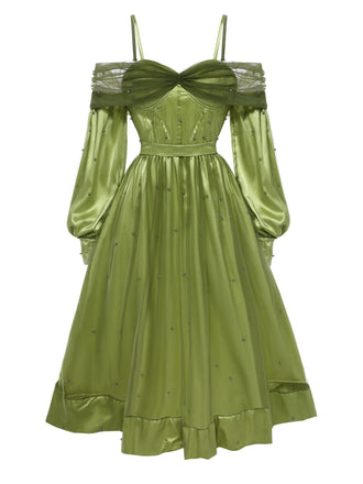 Chartreuse 1950er Perle Netz Patchwork Satin Kleid