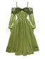 Chartreuse 1950er Perle Netz Patchwork Satin Kleid