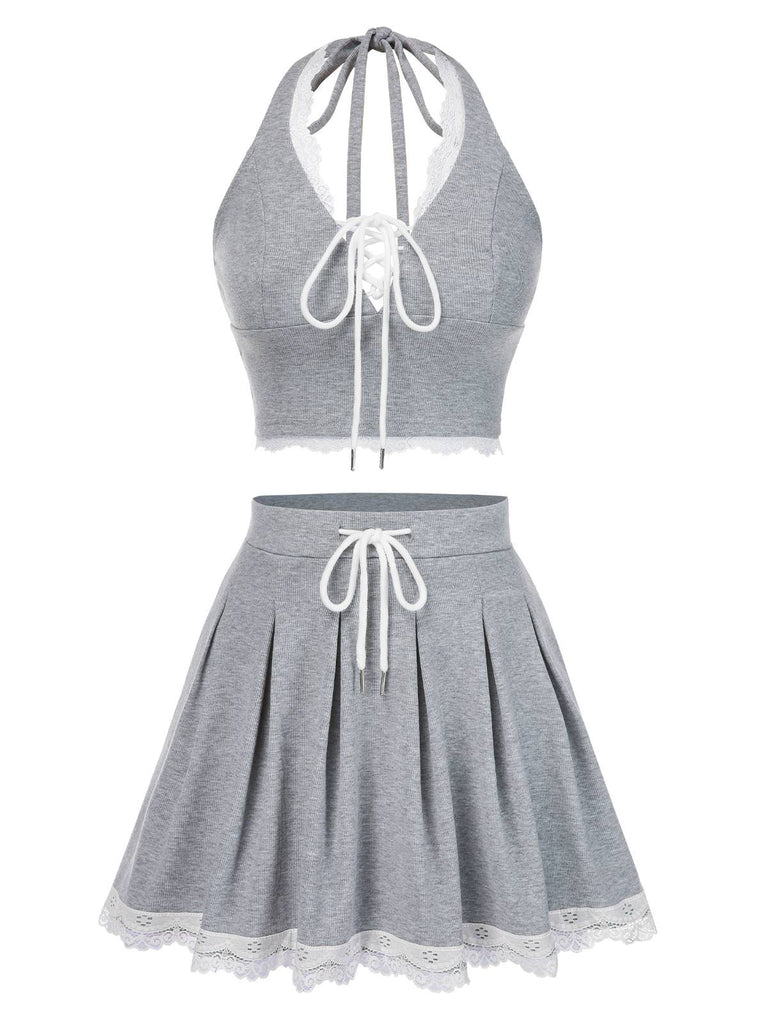 2PCS Hellgrau 1950er Spitze Halfter Top & Plissiertes Rock