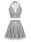 2PCS Hellgrau 1950er Spitze Halfter Top & Plissiertes Rock