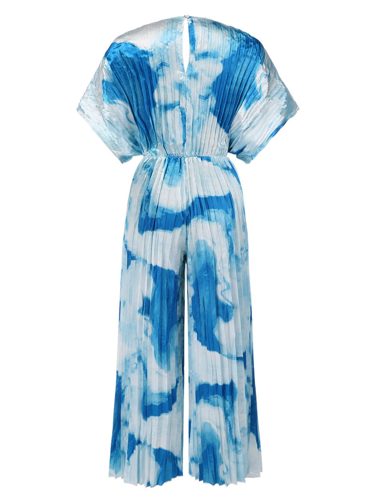 1930er Batik V-Ausschnitt Plissiertes Ring Jumpsuit