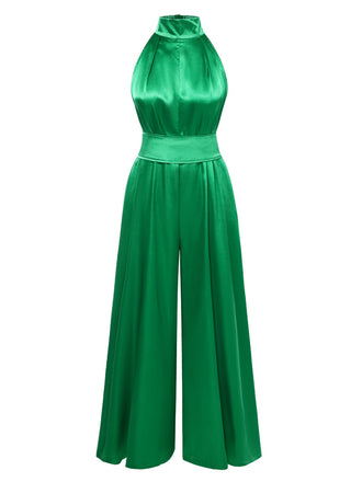 Grün 1930er Satin Stehkragen Weites Bein Jumpsuit