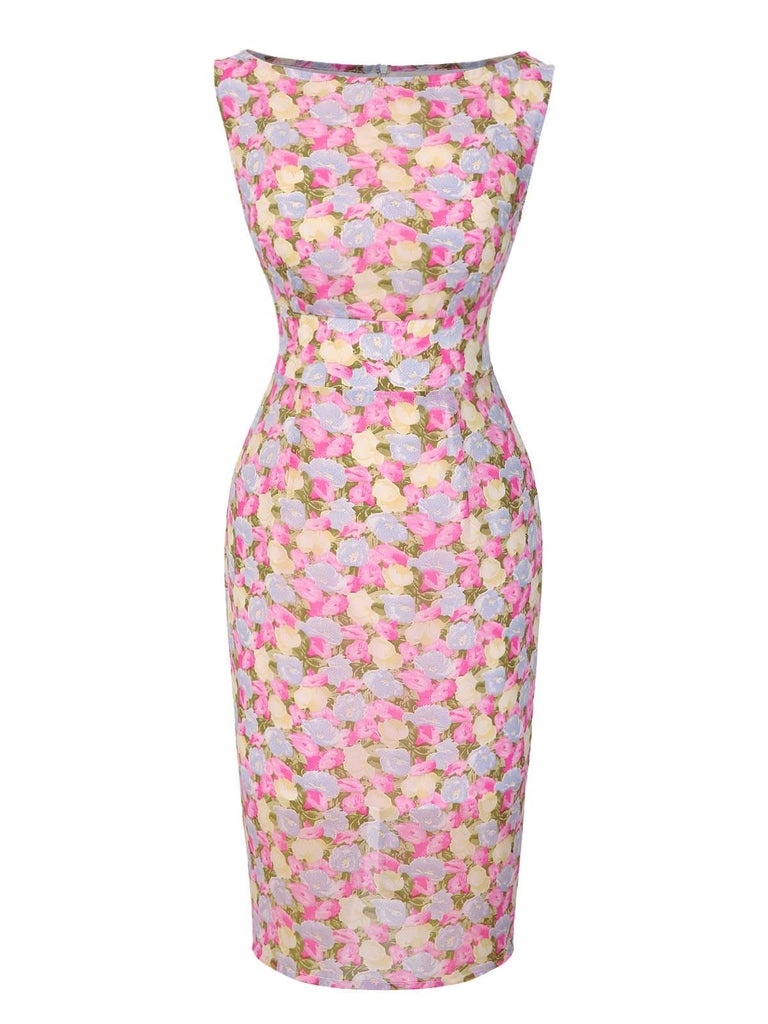 Rosa 1960er Bootskragen Blumen Enges Kleid