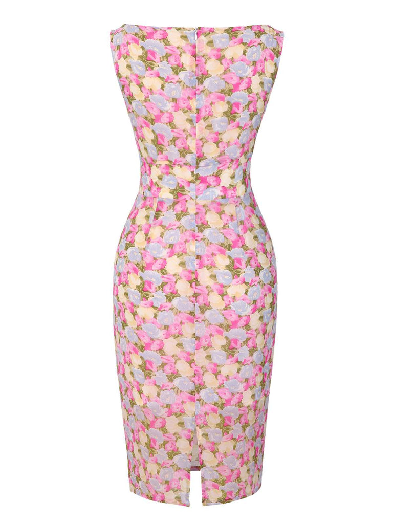 Rosa 1960er Bootskragen Blumen Enges Kleid