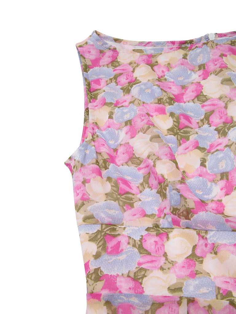 Rosa 1960er Bootskragen Blumen Enges Kleid