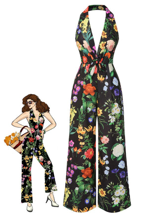 Schwarz 1930er Blumen V-Ausschnitt Halter Jumpsuit