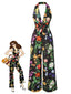 Schwarz 1930er Blumen V-Ausschnitt Halter Jumpsuit