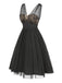 Schwarz 1950er Spitze Blumen Netz Swing Kleid