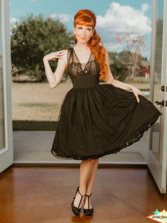 Schwarz 1950er Spitze Blumen Netz Swing Kleid