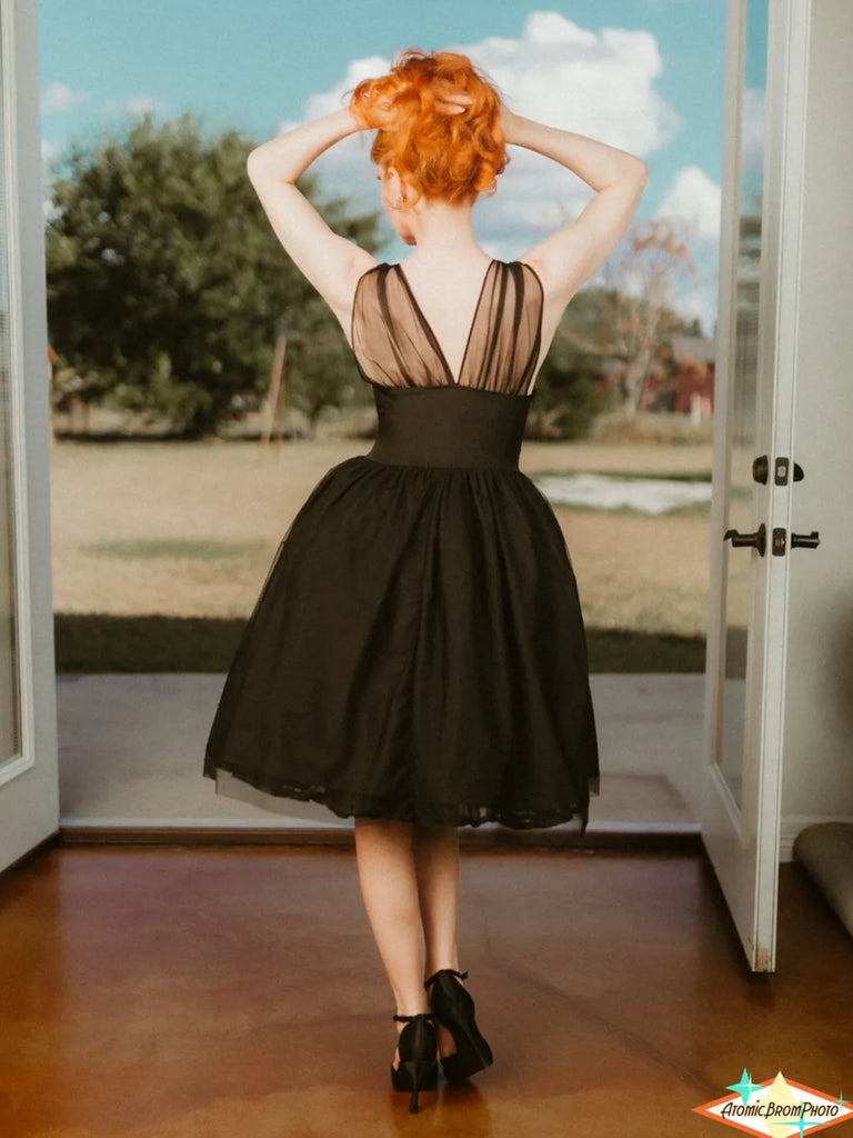 Schwarz 1950er Spitze Blumen Netz Swing Kleid