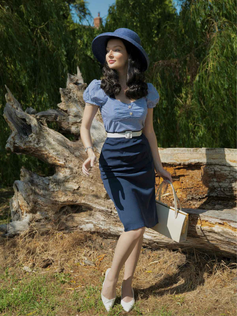 Dunkelblau 1960er Streifen Puffärmel Bleistift Kleid