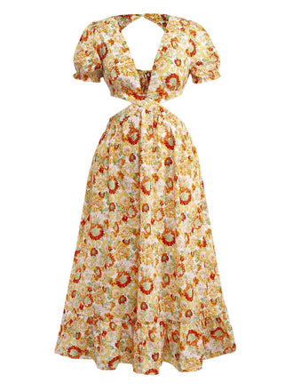 Orange 1970er Tief V-Ausschnitt Sonnenblume Boho Kleid