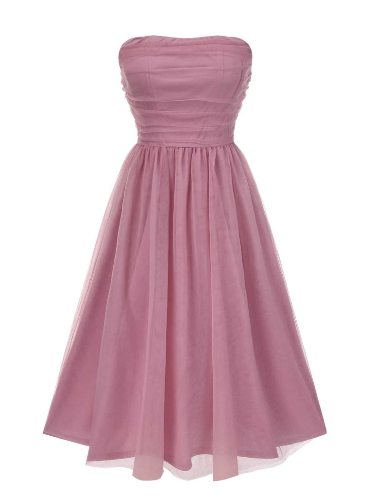 [Vorverkauf] Rosa 1950er Trägerlos Gerüschtes Netz Ärmellos Kleid