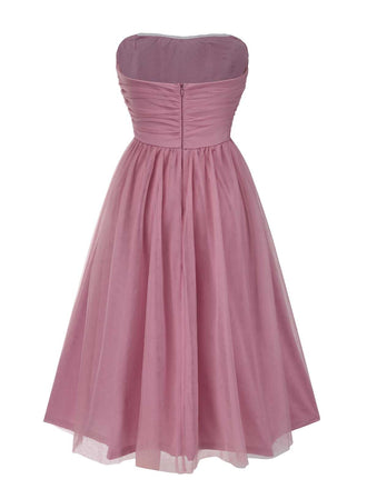 [Vorverkauf] Rosa 1950er Trägerlos Gerüschtes Netz Ärmellos Kleid