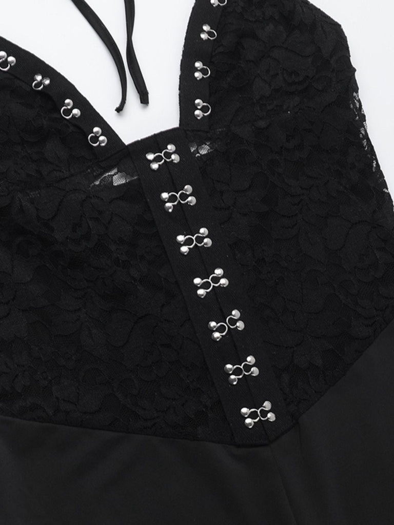 Schwarz 1930er Halter Spitze Schlaghosen Jumpsuit