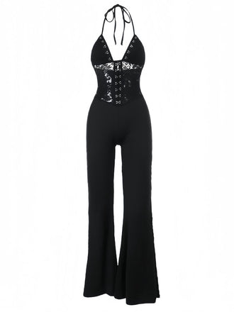 Schwarz 1930er Halter Spitze Schlaghosen Jumpsuit
