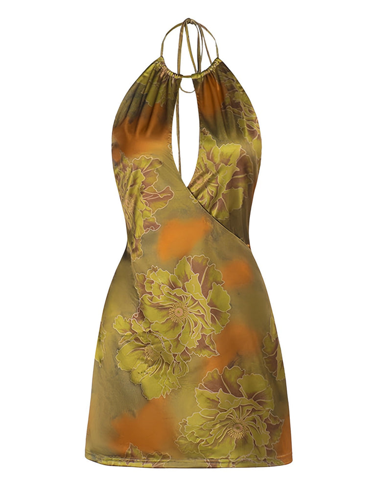 Grün 1960er Blumen Halter Hohl Rückenfrei Kleid