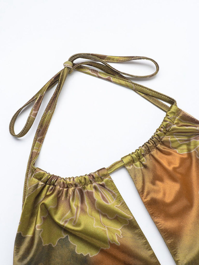 Grün 1960er Blumen Halter Hohl Rückenfrei Kleid