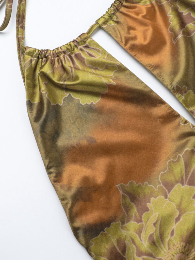 Grün 1960er Blumen Halter Hohl Rückenfrei Kleid