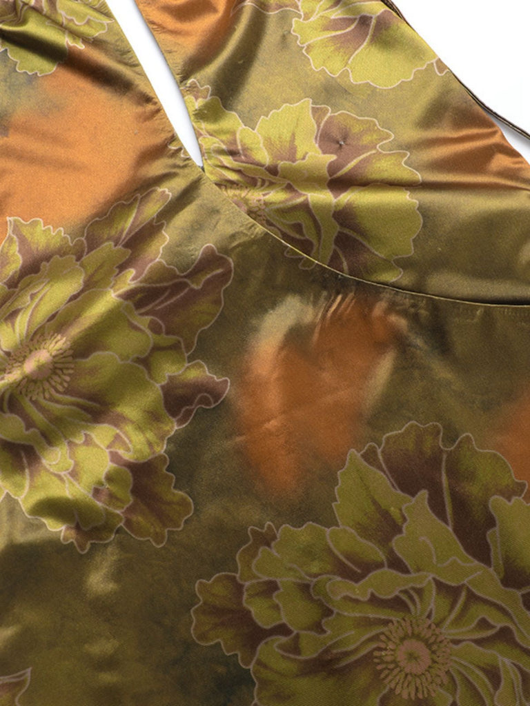 Grün 1960er Blumen Halter Hohl Rückenfrei Kleid