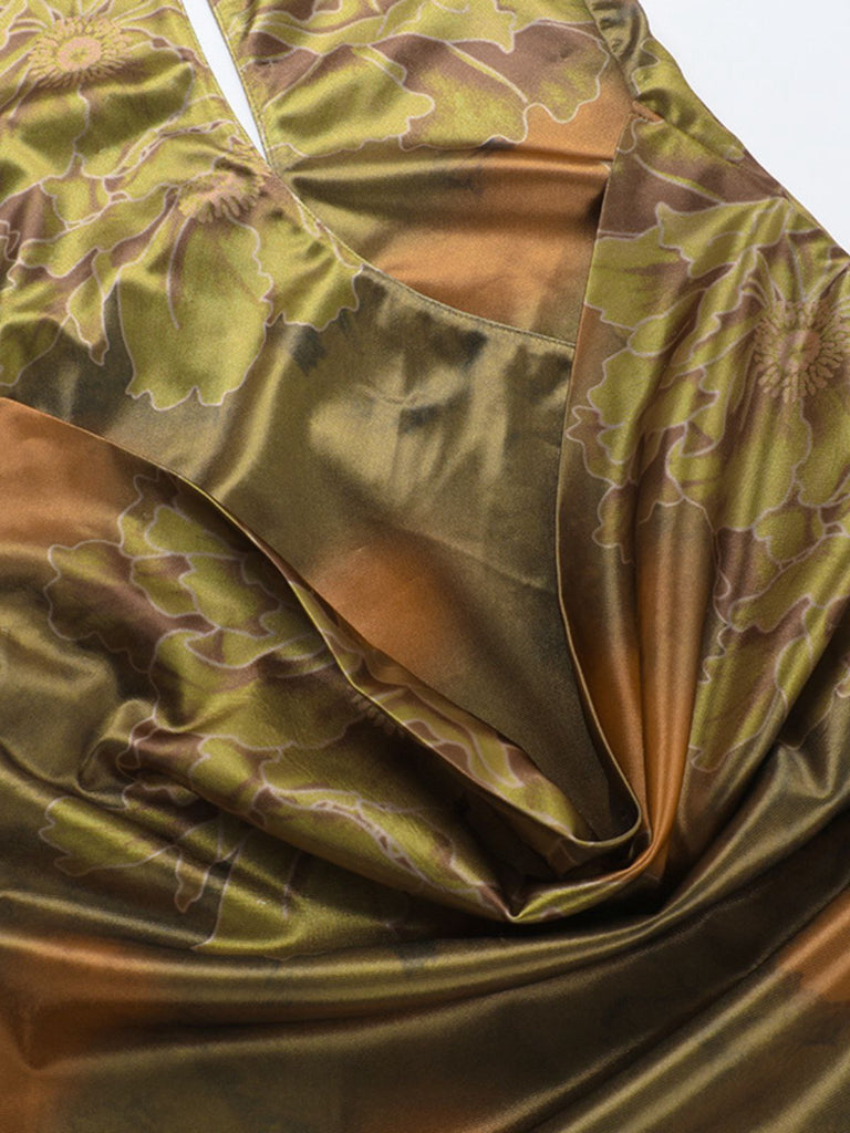 Grün 1960er Blumen Halter Hohl Rückenfrei Kleid