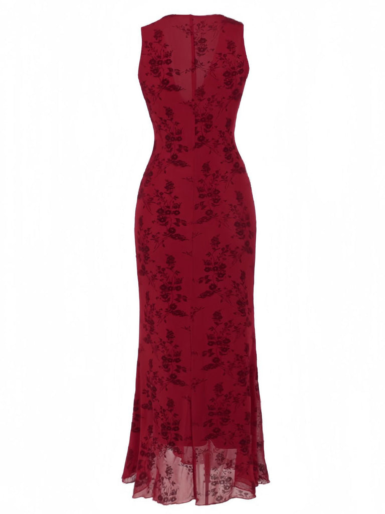 Weinrot 1930er V-Ausschnitt Blumen Netz Kleid