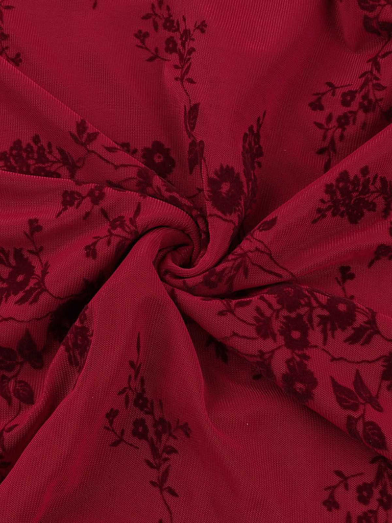 Weinrot 1930er V-Ausschnitt Blumen Netz Kleid