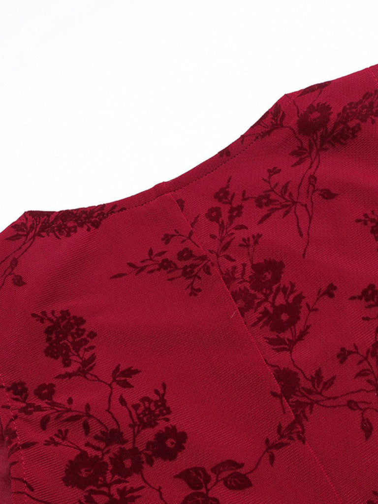 Weinrot 1930er V-Ausschnitt Blumen Netz Kleid