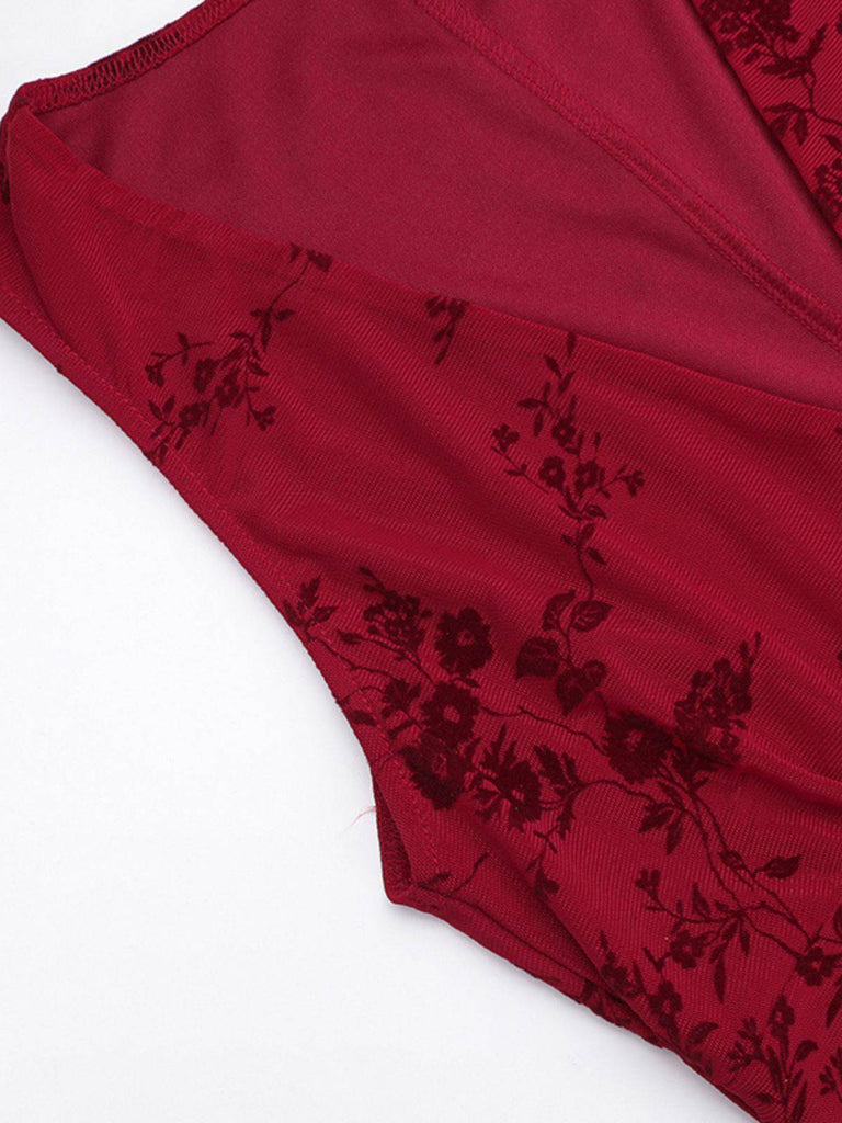 Weinrot 1930er V-Ausschnitt Blumen Netz Kleid