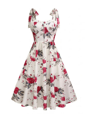 Weiß 1950er Rose Schnürung Swing Kleid