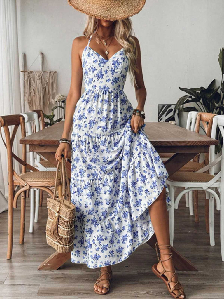 Blau 1930er Blumen Zurückbinden Gestuftes Maxi Kleid