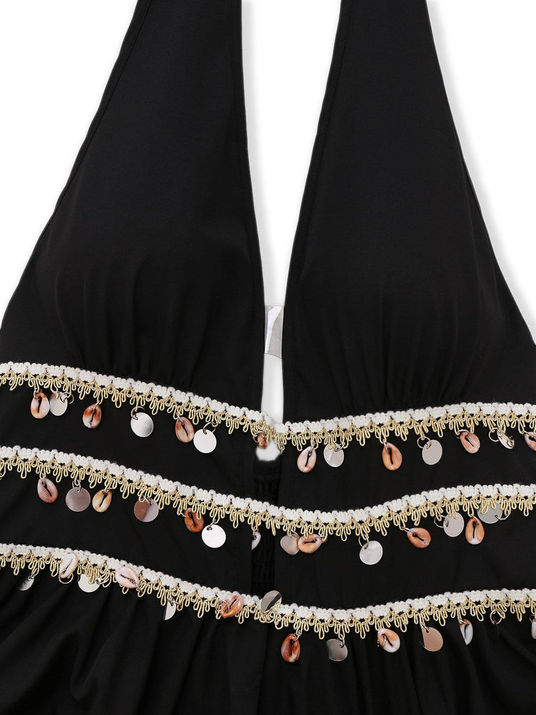 Schwarz 1970er Bohemien Hülse Randbereich Gesmokt Kleid