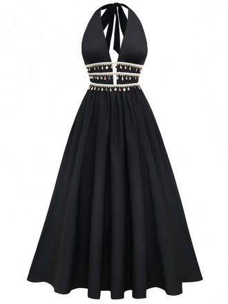 Schwarz 1970er Bohemien Hülse Randbereich Gesmokt Kleid