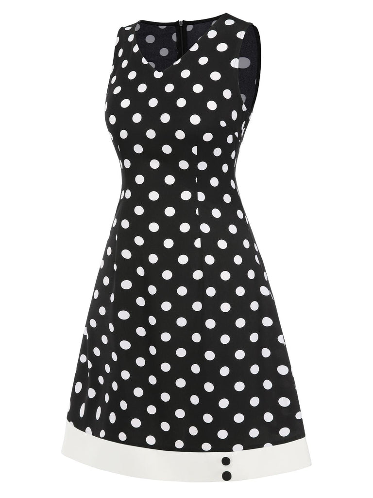 Schwarz 1960er Polka Dots V-Ausschnitt Kleid