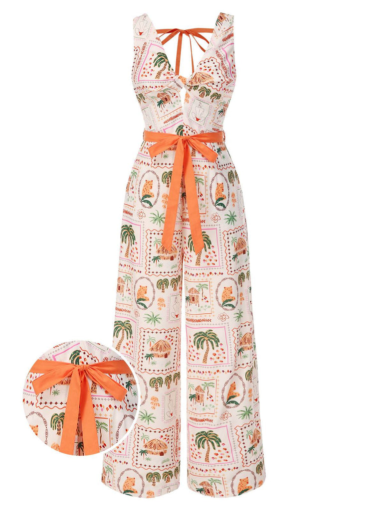Orange 1950er Strand Briefmarken Verdreht Jumpsuit