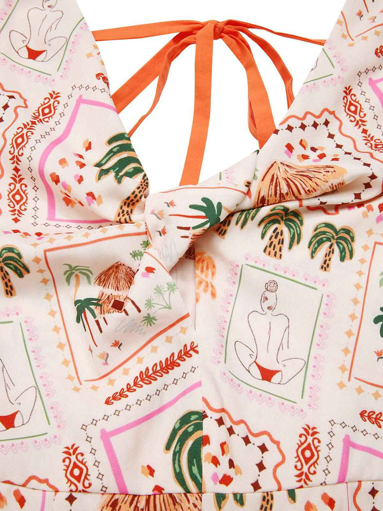 Orange 1950er Strand Briefmarken Verdreht Jumpsuit