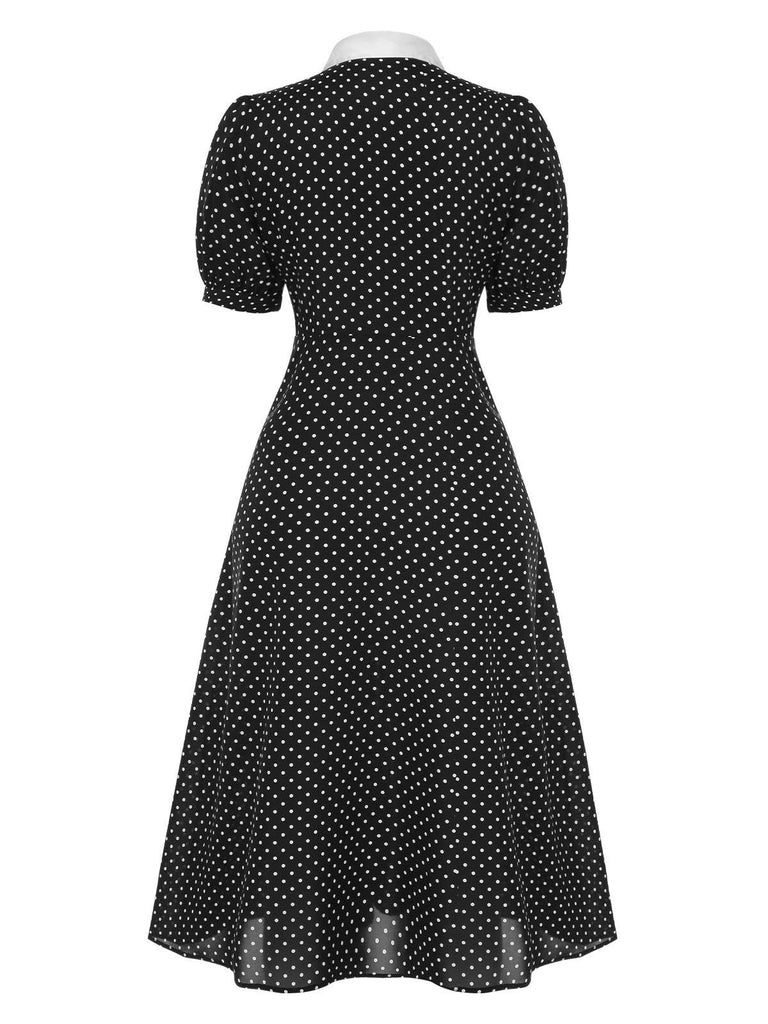 [Vorverkauf] Schwarz 1940er Tupfen Krawattenhals Kleid