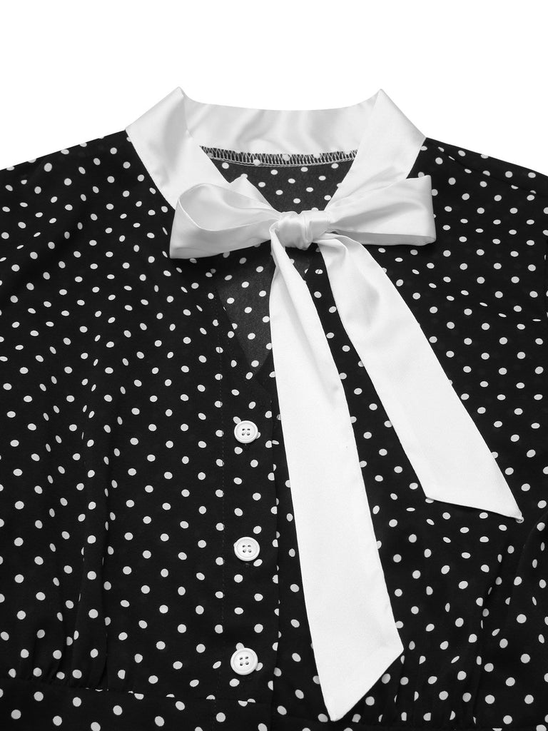 [Vorverkauf] Schwarz 1940er Tupfen Krawattenhals Kleid