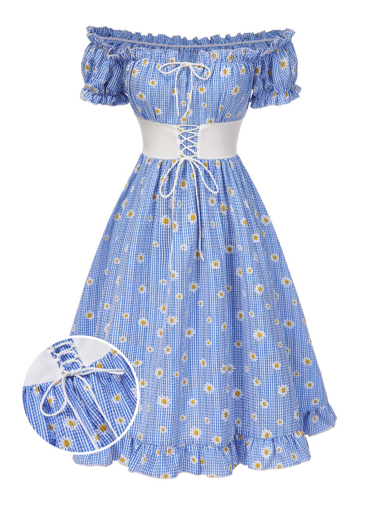 Blau 1950er Schulterfrei Plaids Gänseblümchen Schnürung Kleid