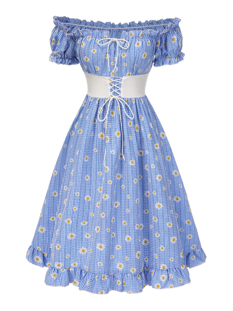 Blau 1950er Schulterfrei Plaids Gänseblümchen Schnürung Kleid