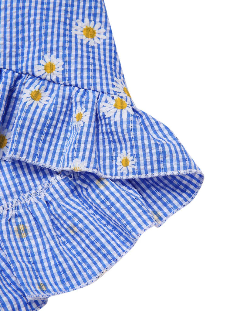 Blau 1950er Schulterfrei Plaids Gänseblümchen Schnürung Kleid