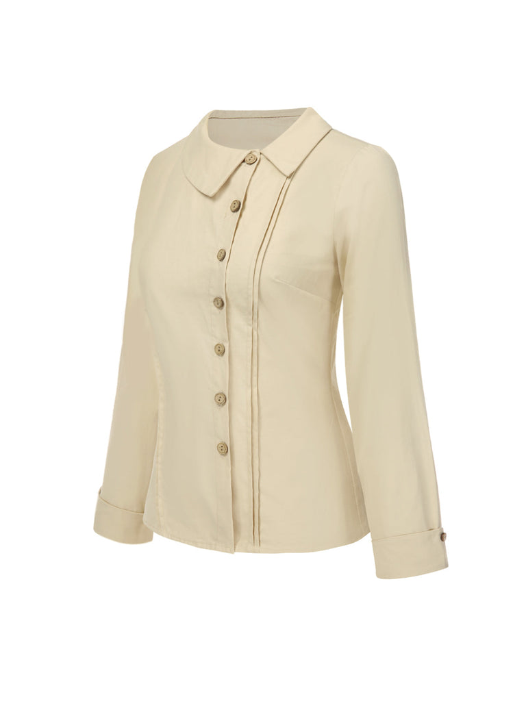 Cremeweiß 1930er Baumwolle Tasten Solide Bluse