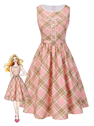 [Vorverkauf] Rosa 1950er Gingham Plaid Ärmellos Gürtel Kleid