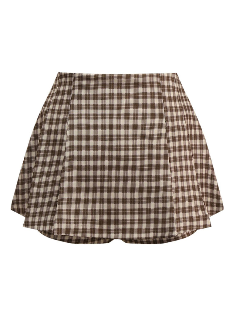 2PCS Braun 1960er Gingham Plaid Plissiertes Weste & Rock
