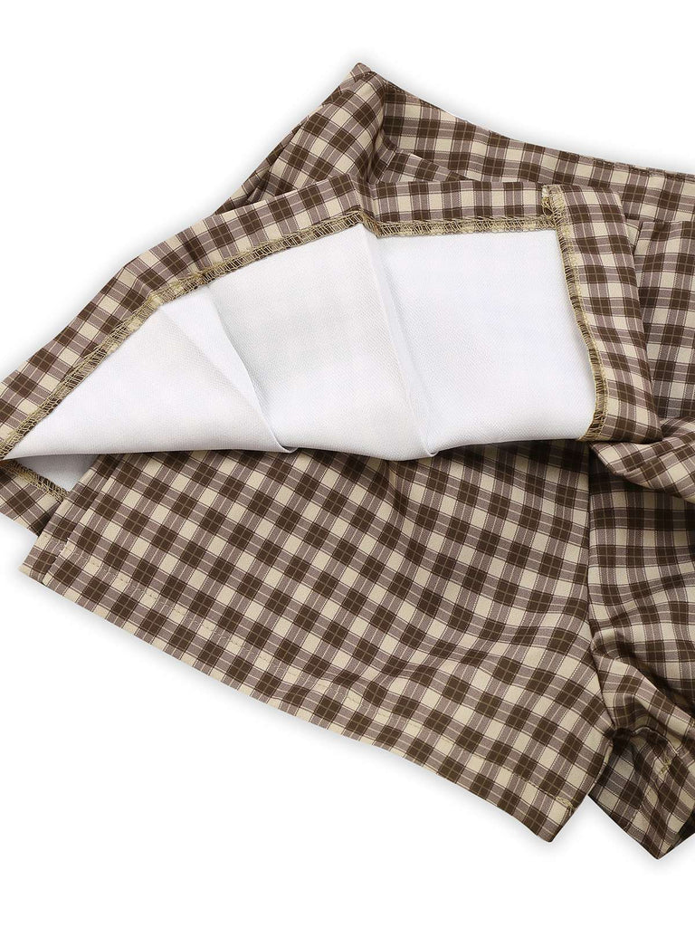 2PCS Braun 1960er Gingham Plaid Plissiertes Weste & Rock