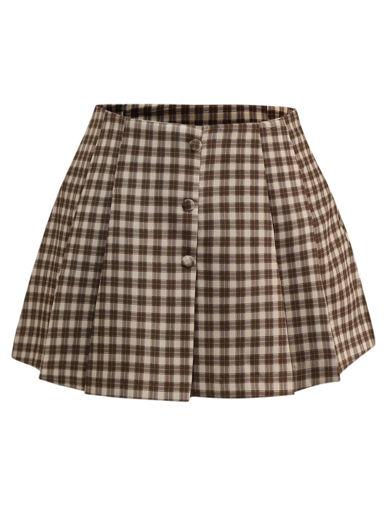 2PCS Braun 1960er Gingham Plaid Plissiertes Weste & Rock
