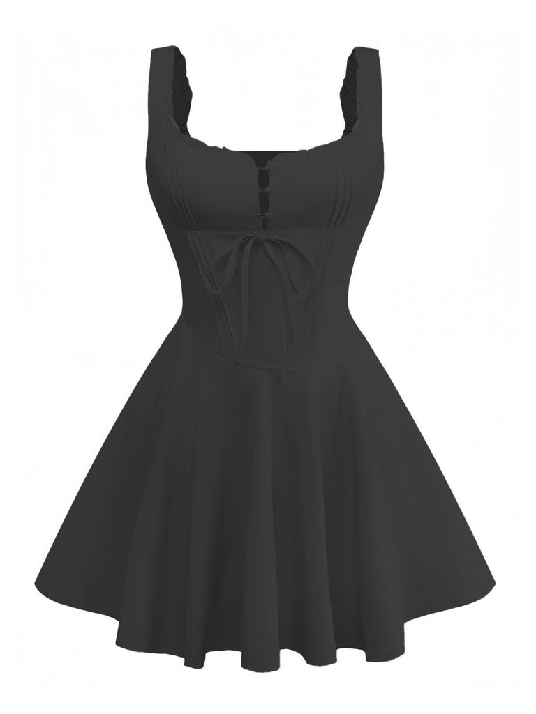 1960er Solide Spitze Träger Schnürung Skater Kleid